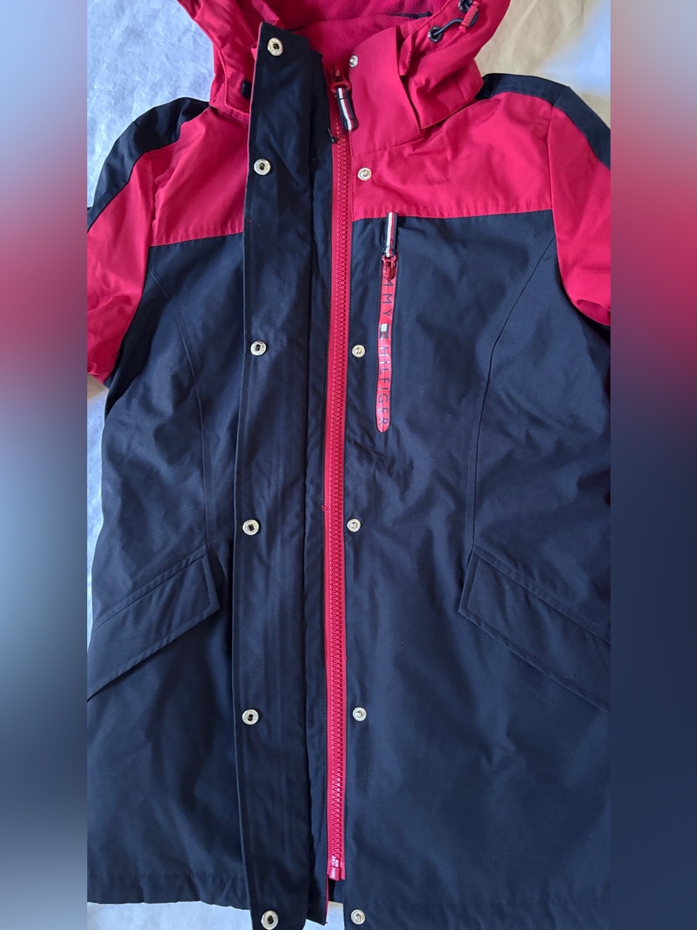Tommy Hilfiger Womens S 3 In 1 All Weather Hooded Jacket Coat Red Navy - Picture 6 of 16